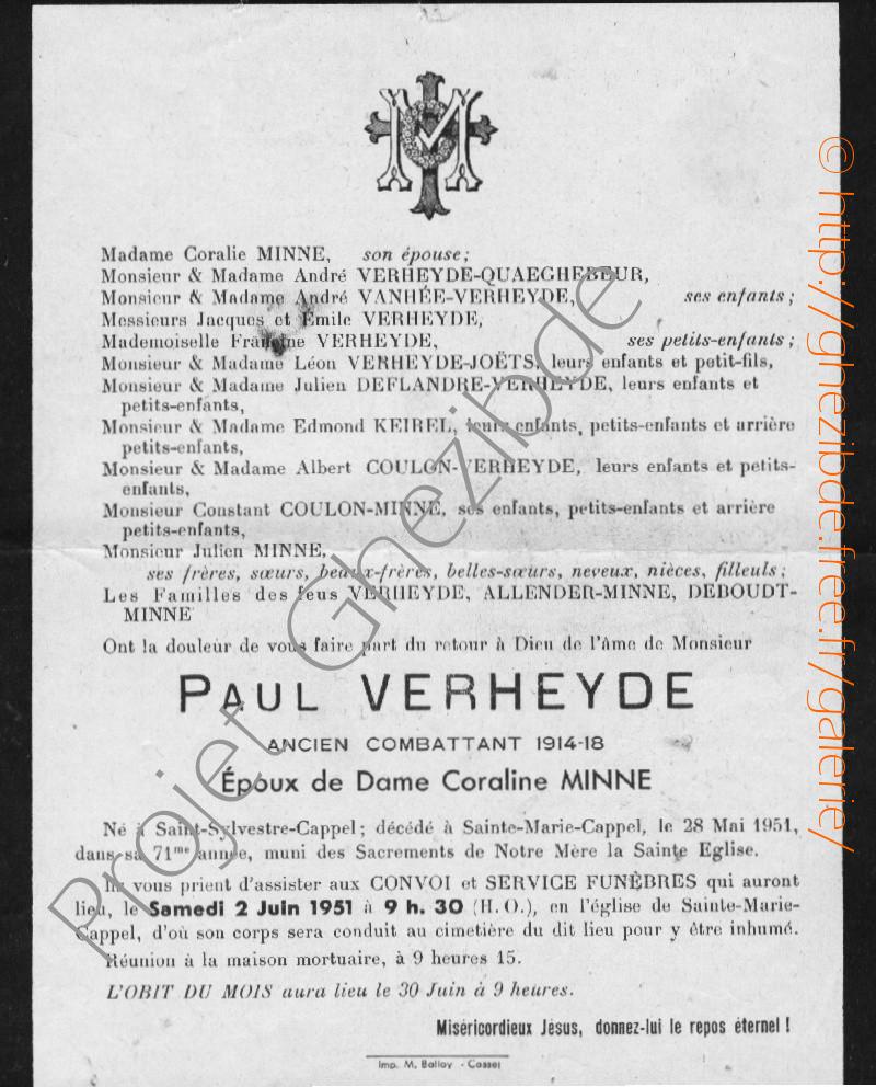Paul VERHEYDE époux de Dame Coraline MINNE, décédé à Sainte-Marie-Cappel, le 28 Mai 1951 (70 ans).